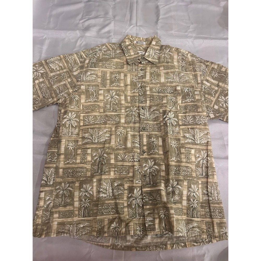 Pierre Cardin Button Down Shirt Mens L Resort Tropical Palm Tree Hawaiian Cotton